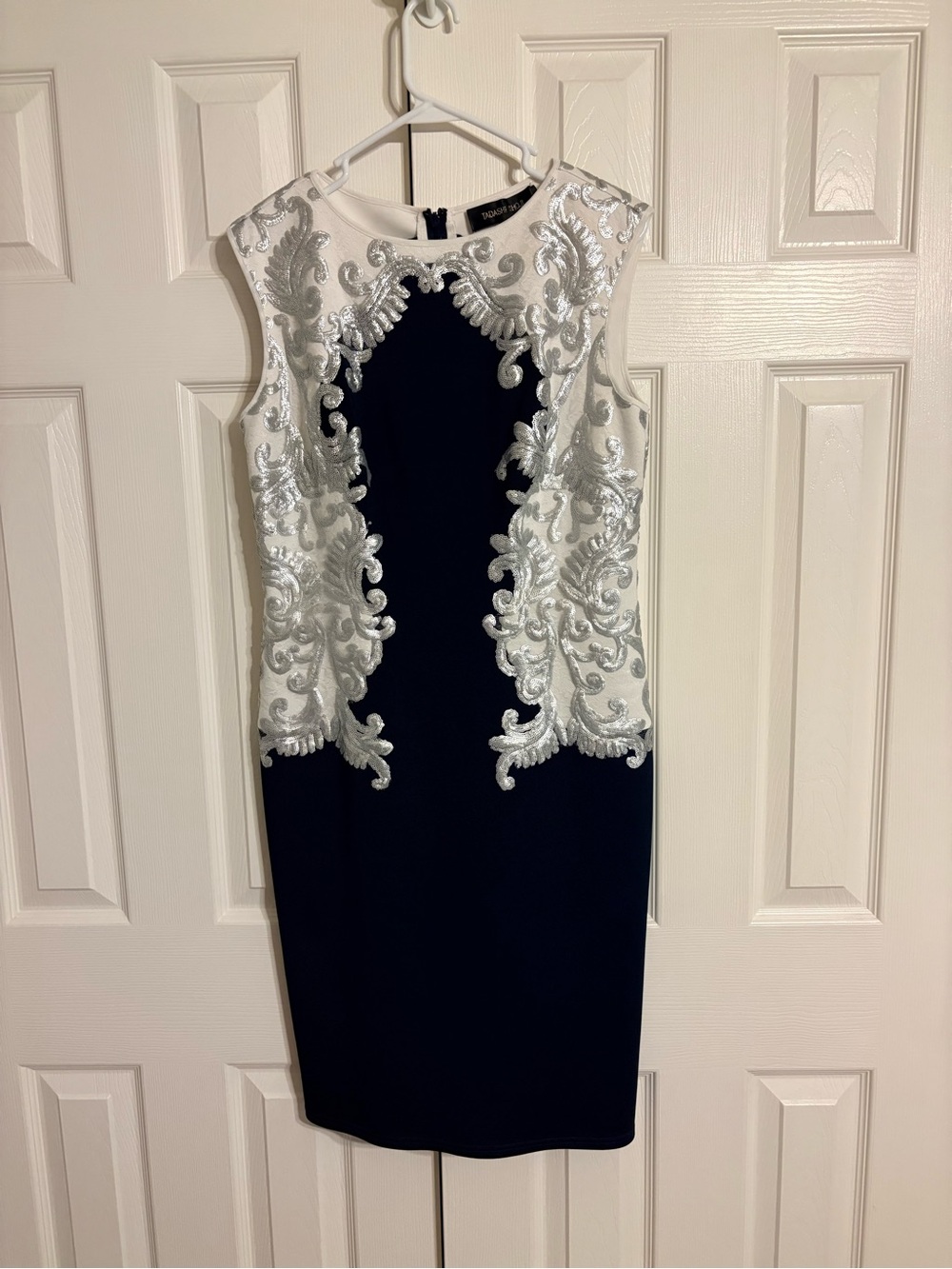 Tadashi Shoji Navy Sheath Dress with White and Silver Embroidery